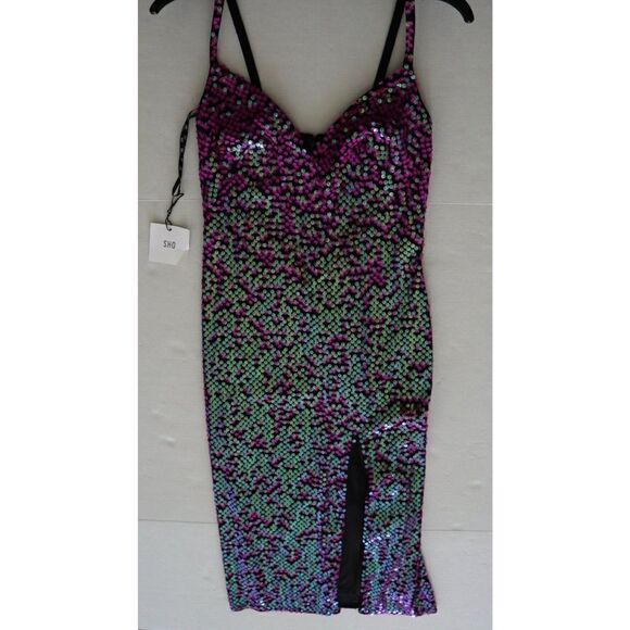 SHO x Tadashi Shoji Sz L Hot Pink Spaghetti Strap Midi Sheath Party Dress - Picture 6 of 16